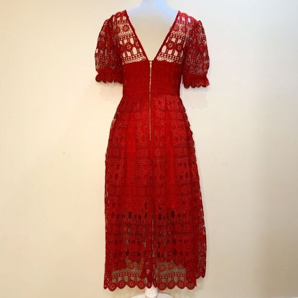 Self-Portrait Guipure V-Neck Puff Sleeve Red Midi Dress US 2 UK 4 Extra Small - Picture 3 of 10